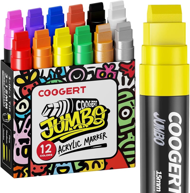 Coogert 12 Vibrant Colors Jumbo Poster Markers, 15MM Thick Permanent Acrylic Graffiti Markers, Wide Tip Paint Marker for Canvas, Posters Board, Fabric, Window, Wood, Teachers,Banner painting supplies - Image 1